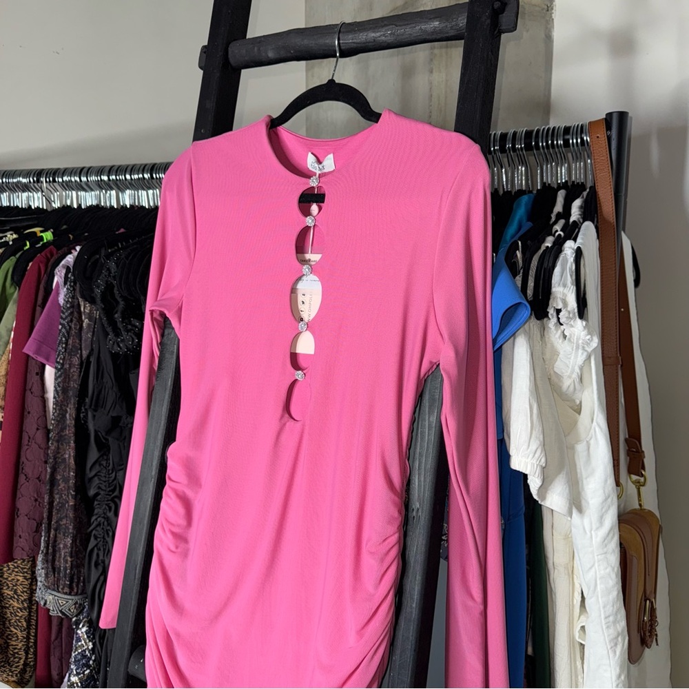 Oh Polly Ruched Cutout Embellished Long Sleeve Bodycon Mini Dress in Hot Pink - Picture 4 of 13
